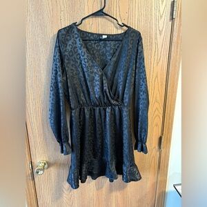 Satin Leopard Print Black Dress